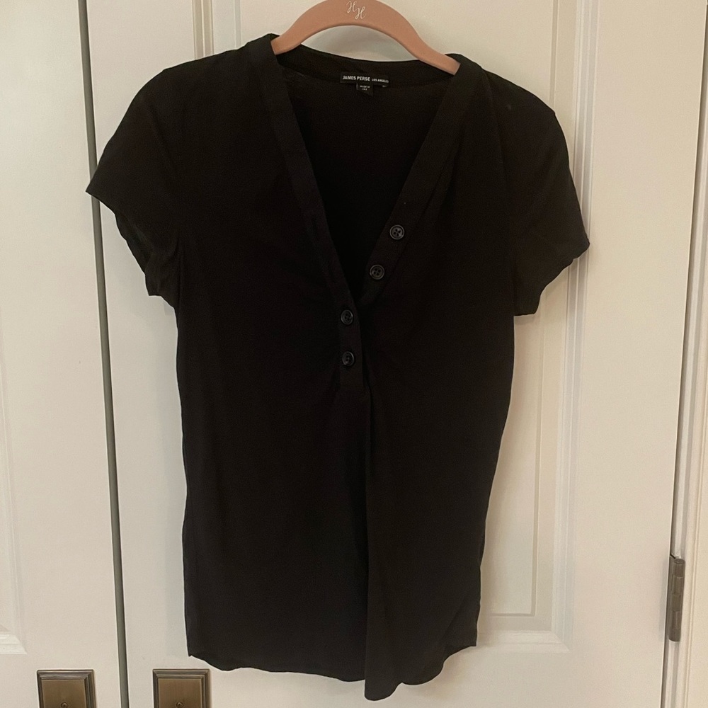James Perse black V neck t-shirt with buttons size 1